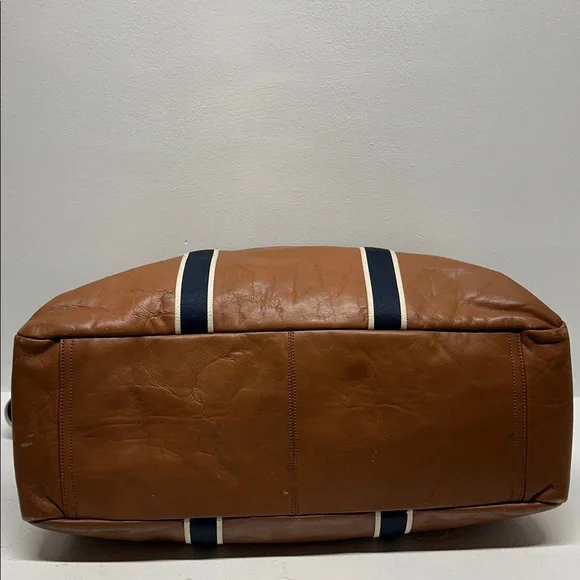 Coach Boston Bag Heritage Duffle Striped Travel 2 Way Shoulder Strap Navy Brown - Picture 12 of 16